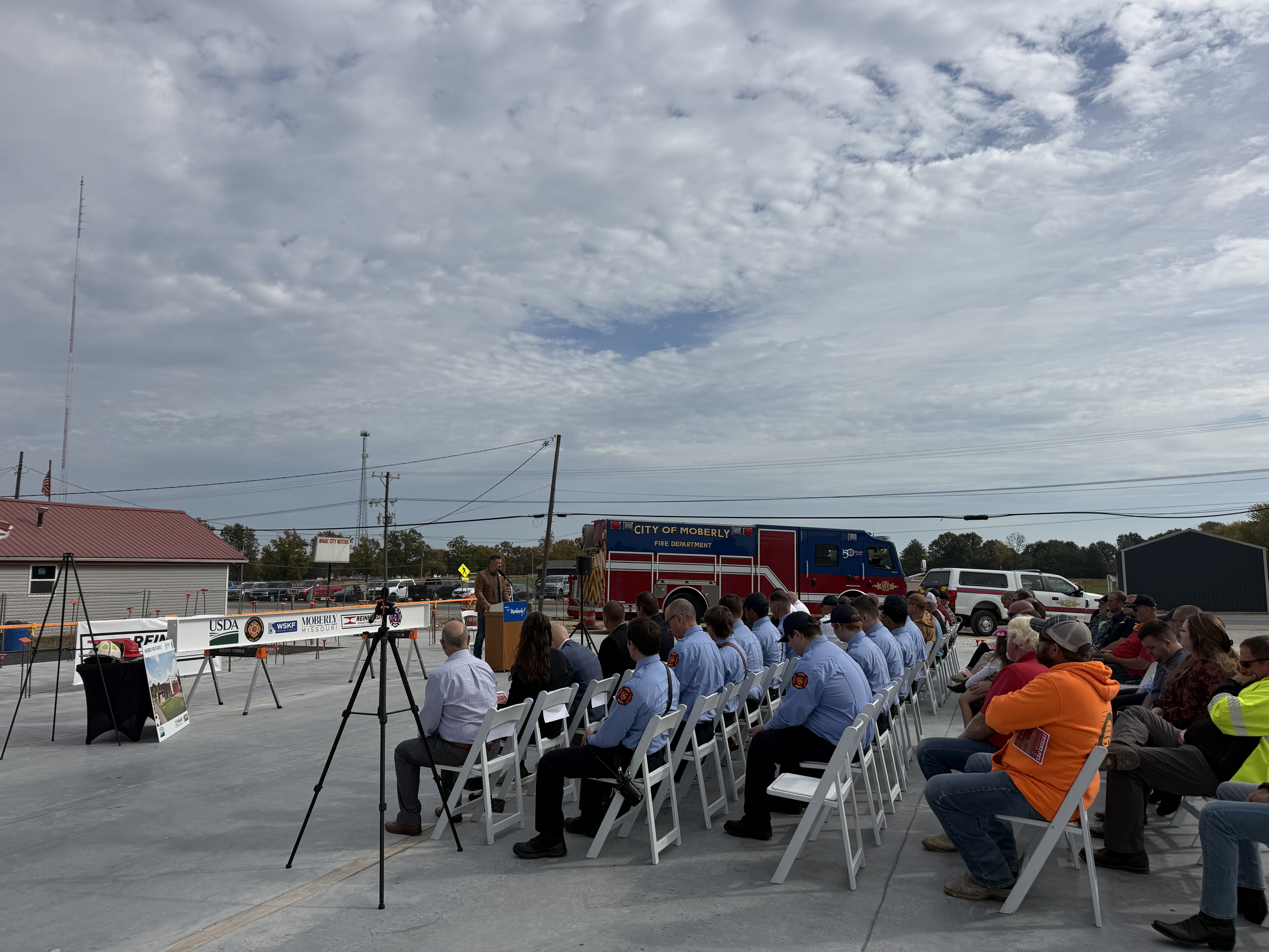 People listen to a speaker at a topping off ceremony for Moberly Fire Station No. 2 on Tuesday, Oct. 27, 2026.