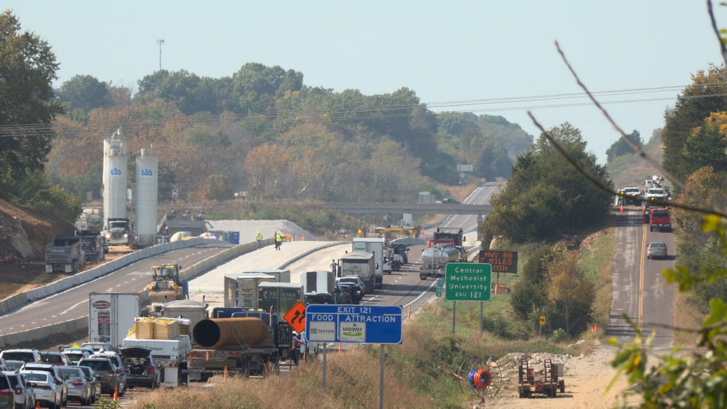 Traffic backed up on Interstate 70 westbound just west of Columbia on Monday, Oct. 26, 2026, after a power line went down.